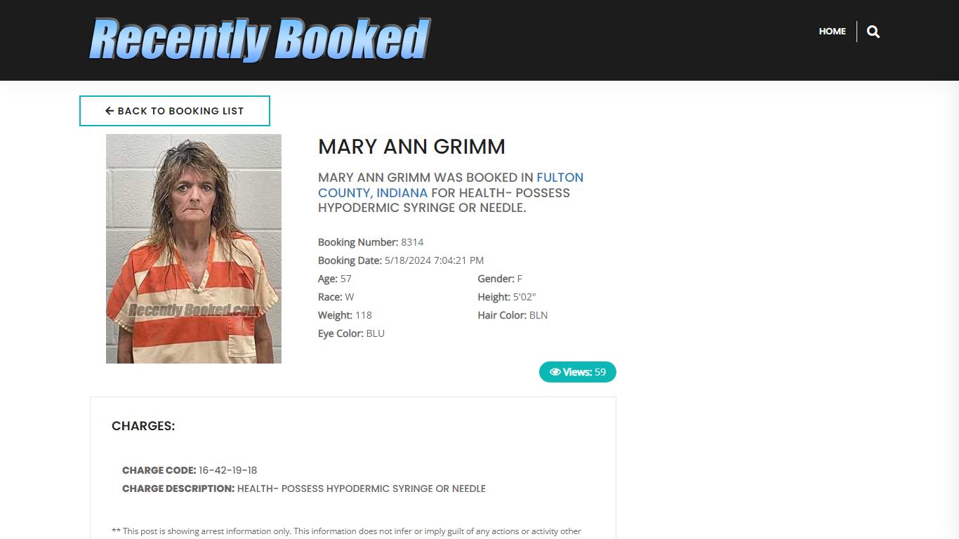 Recent Booking / Mugshot for MARY ANN GRIMM in Fulton County, Indiana